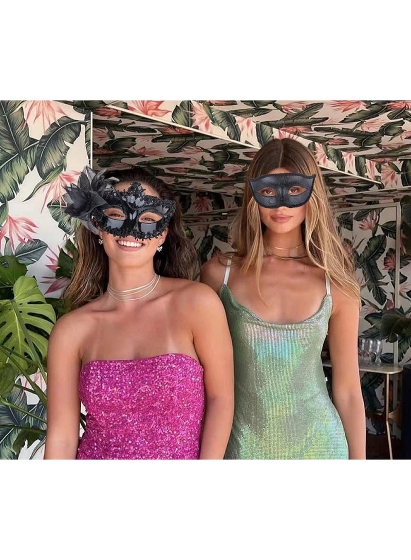 OSHIMA 2 Pcs Masquerade Mask, Black Couple Mask Masquerade with Feather, Prom Venetian Mask for Costume Parties for Kids & Adults, Women's and Men's Cosplay Mask - Image 3